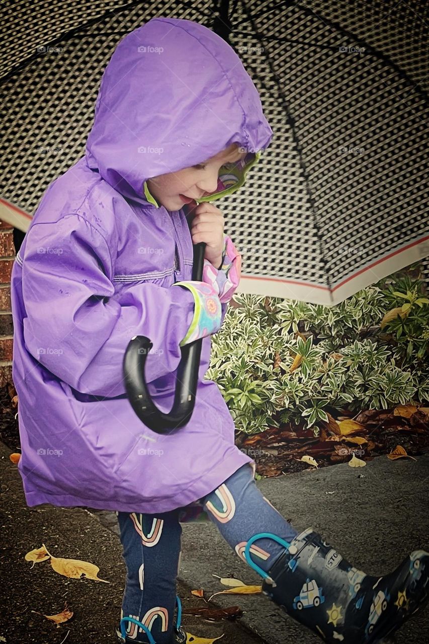 A young girl holds an umbrella and plays in a puddle while it lightly rains outside 