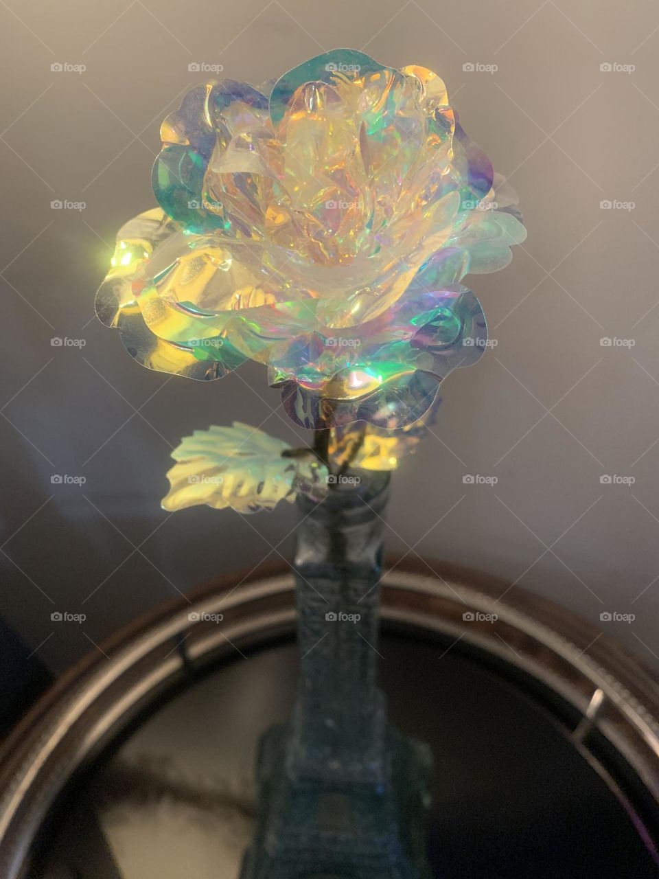 Iridescent rose in Eiffel Tower vase 