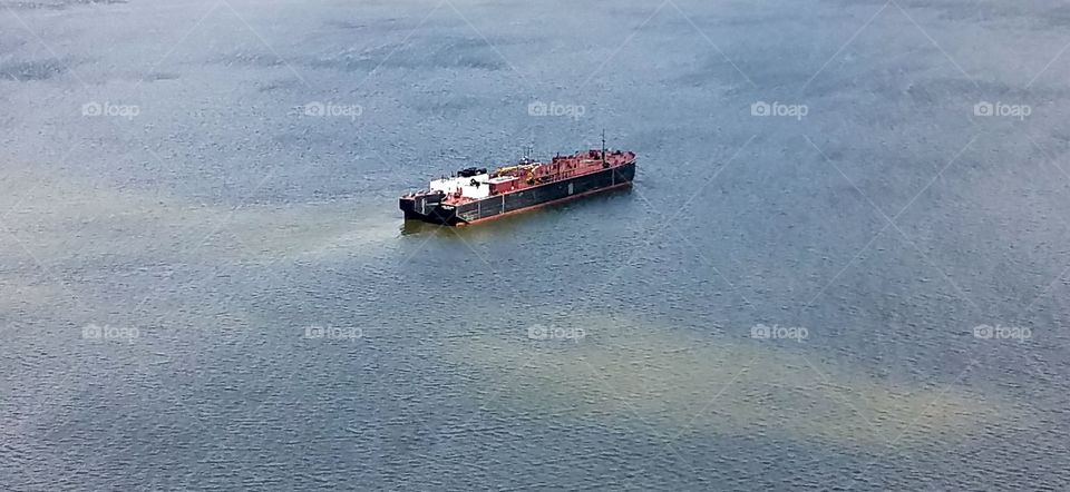 A barge sits from a view from Rockefeller  cliffs.