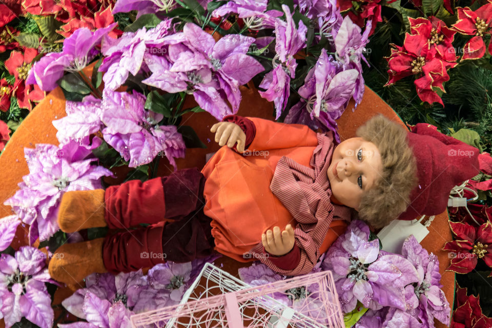 A doll laying on a pink leaf
