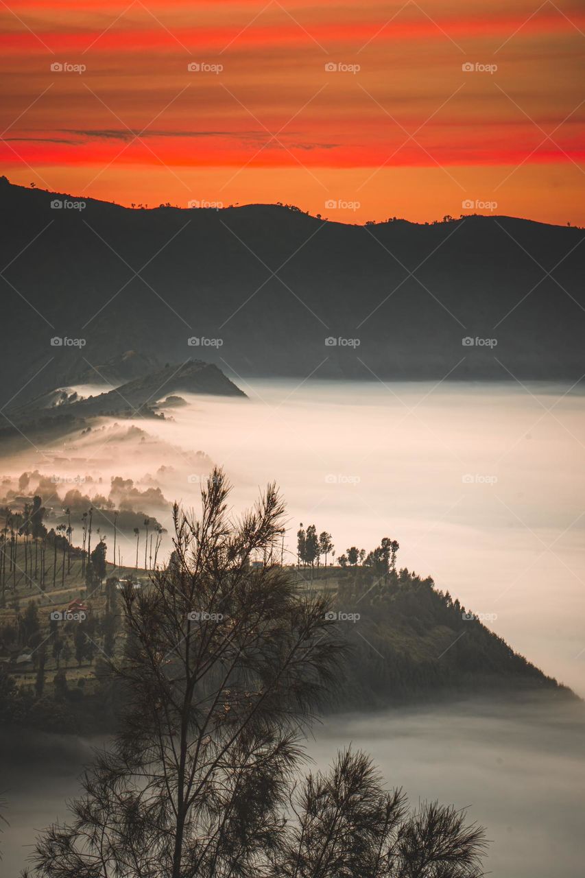 in the morning at Bromo Mount while still covered in fog