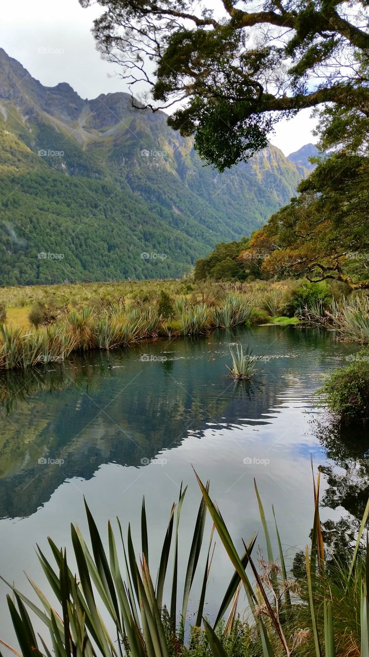 Reflection of mountain range on lake