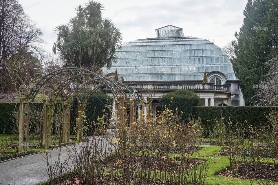 Christchurch Botanic Gardens Conservatory and rose garden during winter, New Zealand 