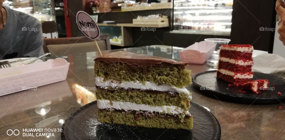 Green tea cake with red beans