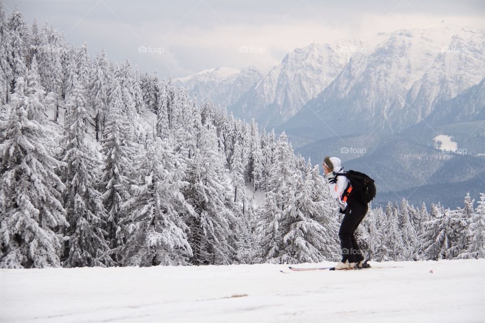 Skiing at the peak Postavarul , Poiana Brasov, Romania, 