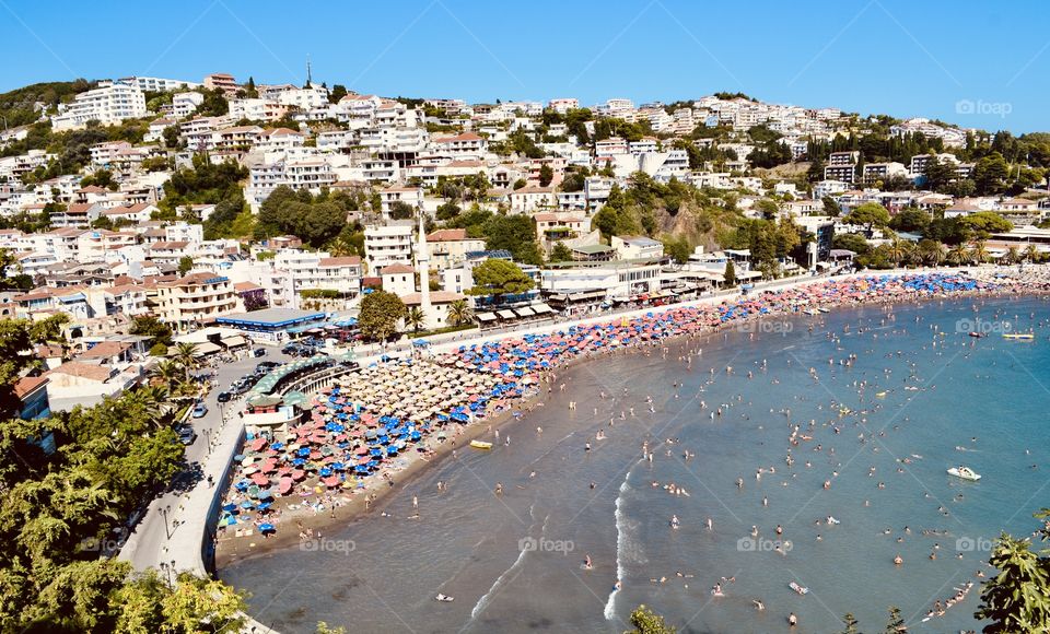 View from the old city to Ulcinj and the city beach on the Adriatic coast. Montenegro