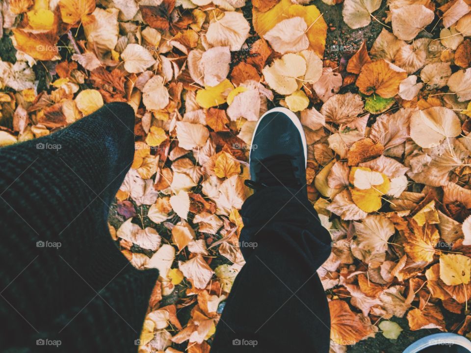 Low section man walking on autumn leafs