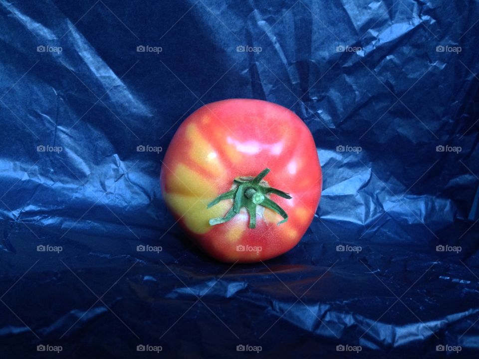 Red tomato on the deep blue background 