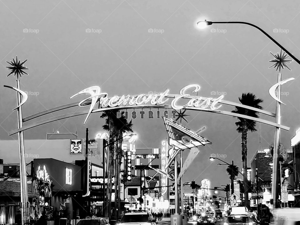 A black and white of the entrance to Fremont St. in downtown Las Vegas