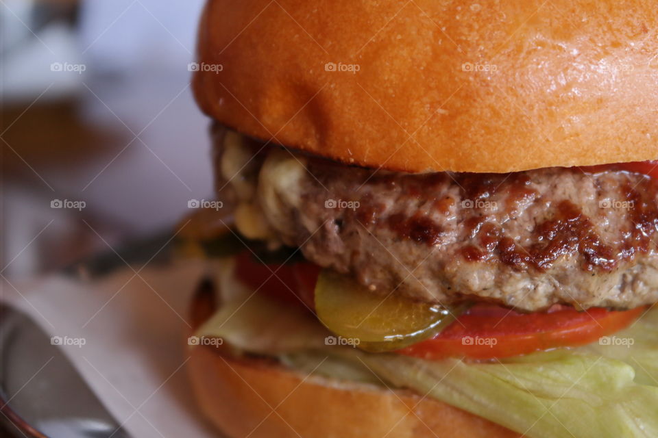 Delicious burger shot up close