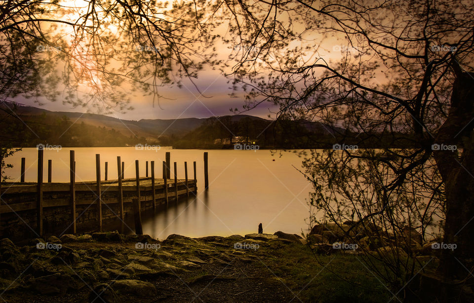 Setting sun over Derwent Water. Near Keswick, in England's Lake District