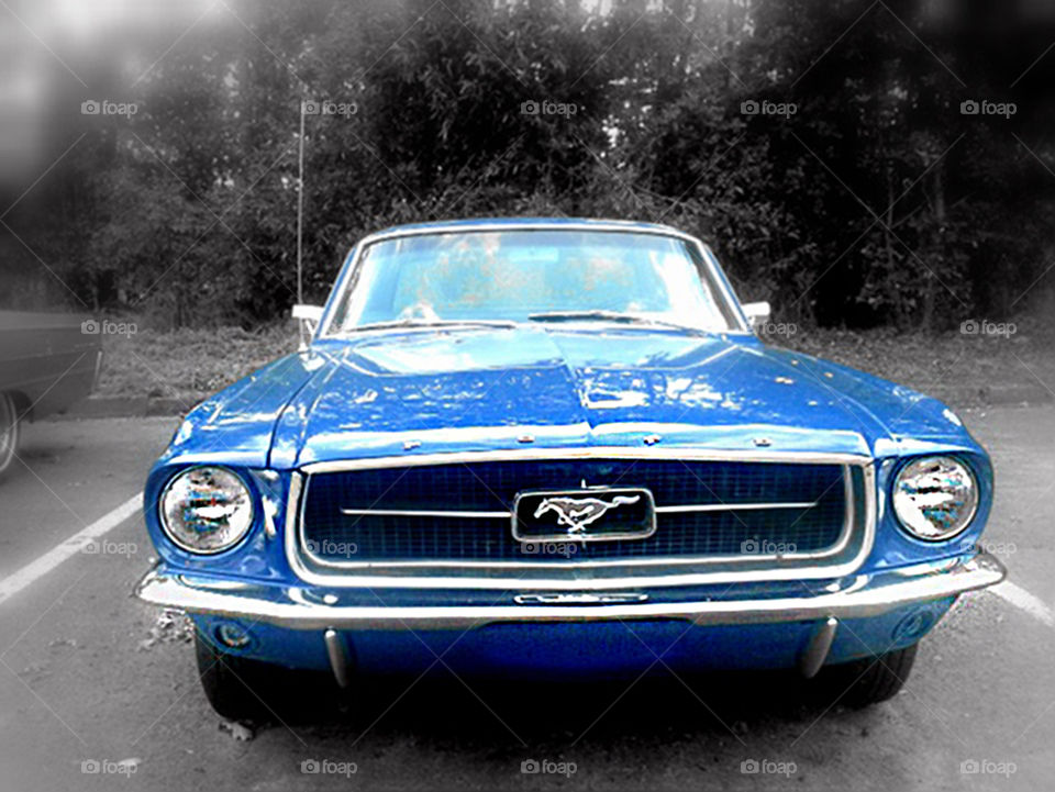 American blue muscle car Ford Mustang from ,,en face'' view.