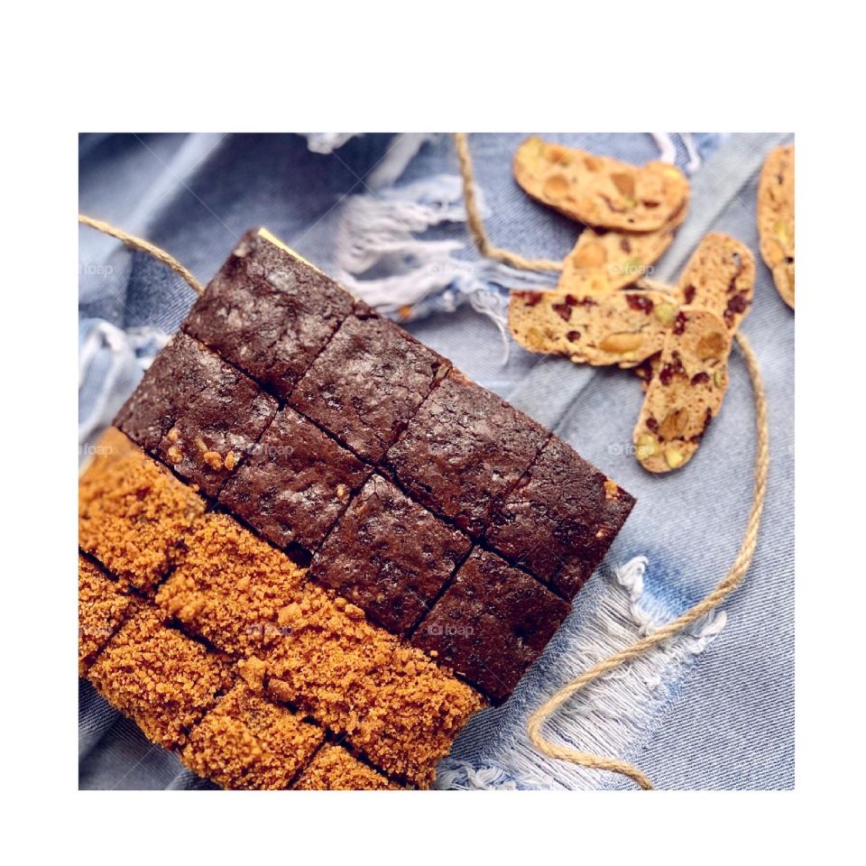 Soft moist fudgy homebake sea salt pecan and Biscoff brownies with biscotti in pistachio and cranberries 