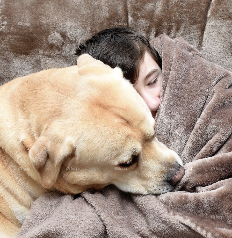 Cozy in winter dog and boy cuddling in a blanket