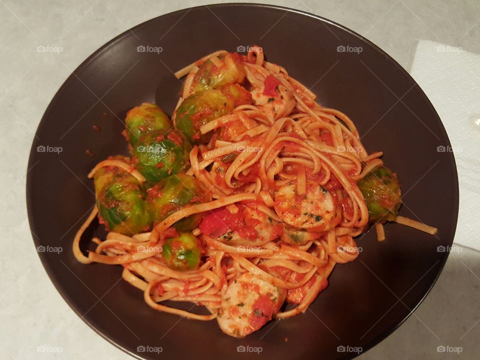 linguine with chicken sausage and Brussels sprouts