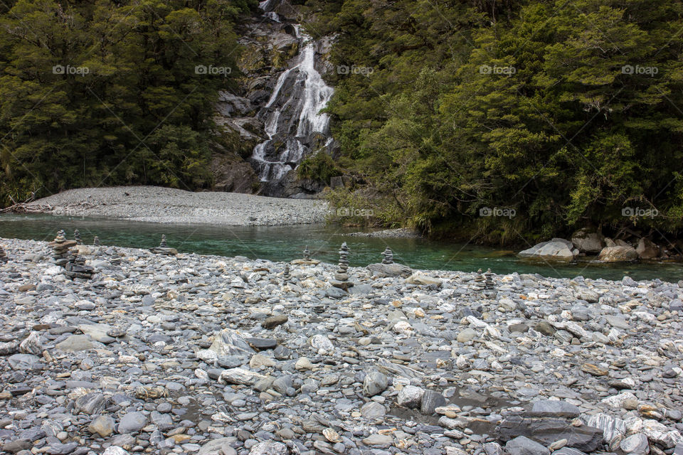 New Zealand - Haast Pass, river/waterfall and totems