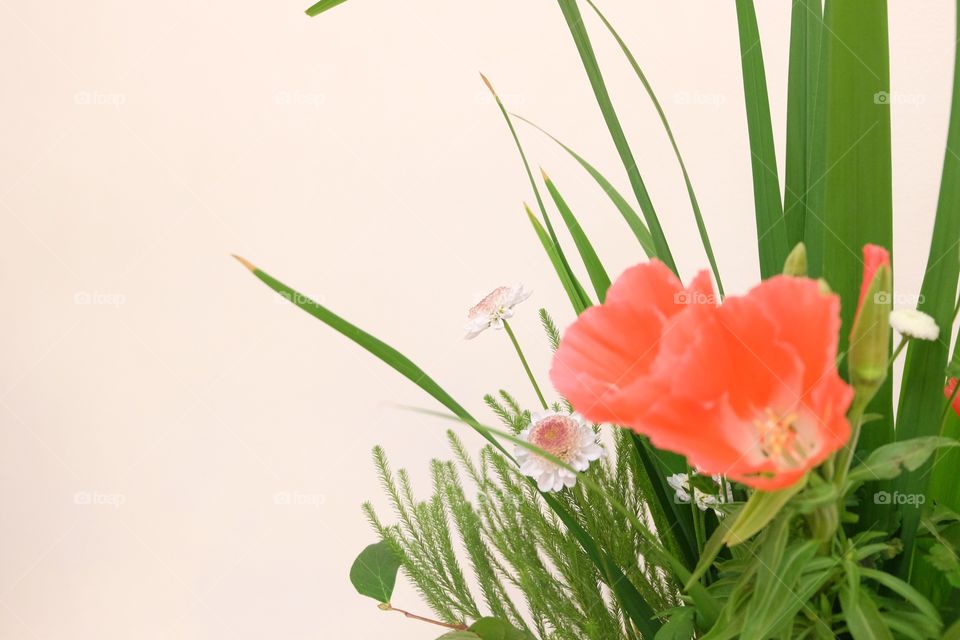 Floral arrangements, orange and white flowers with long leaves