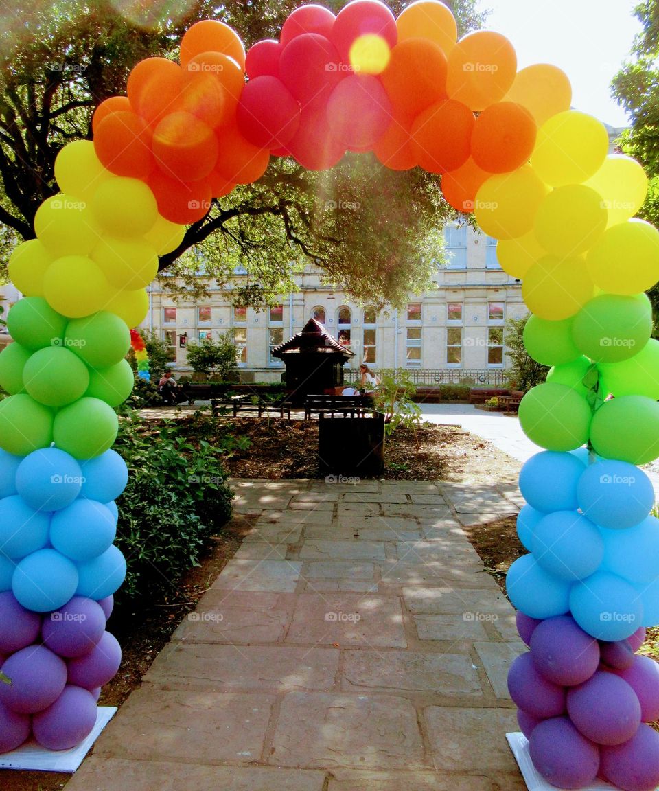 Rainbow balloon archway