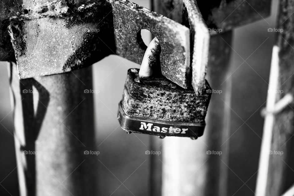 Master Lock Securing A Gate Of An Abandoned Building In Puerto Rico