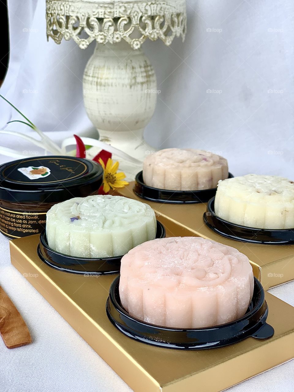 Homemade Snowskin mooncake infused with florals, for Mid Autumn festival. Comes in cherry blossom, rose, osmanthus & lavender flavours.