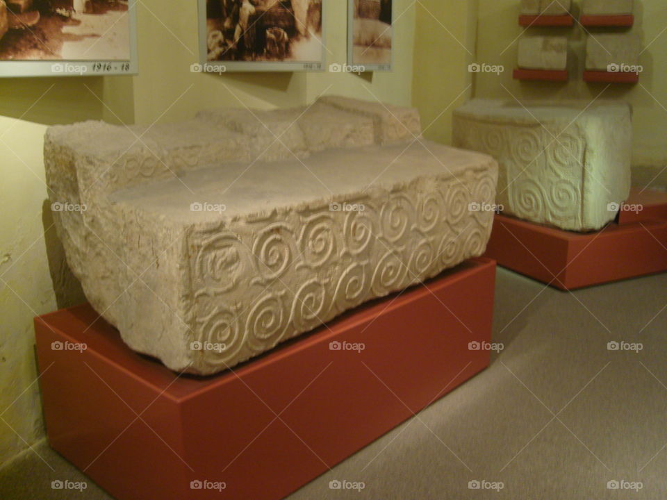 Malta prehistory stone slabs with spiral decorations