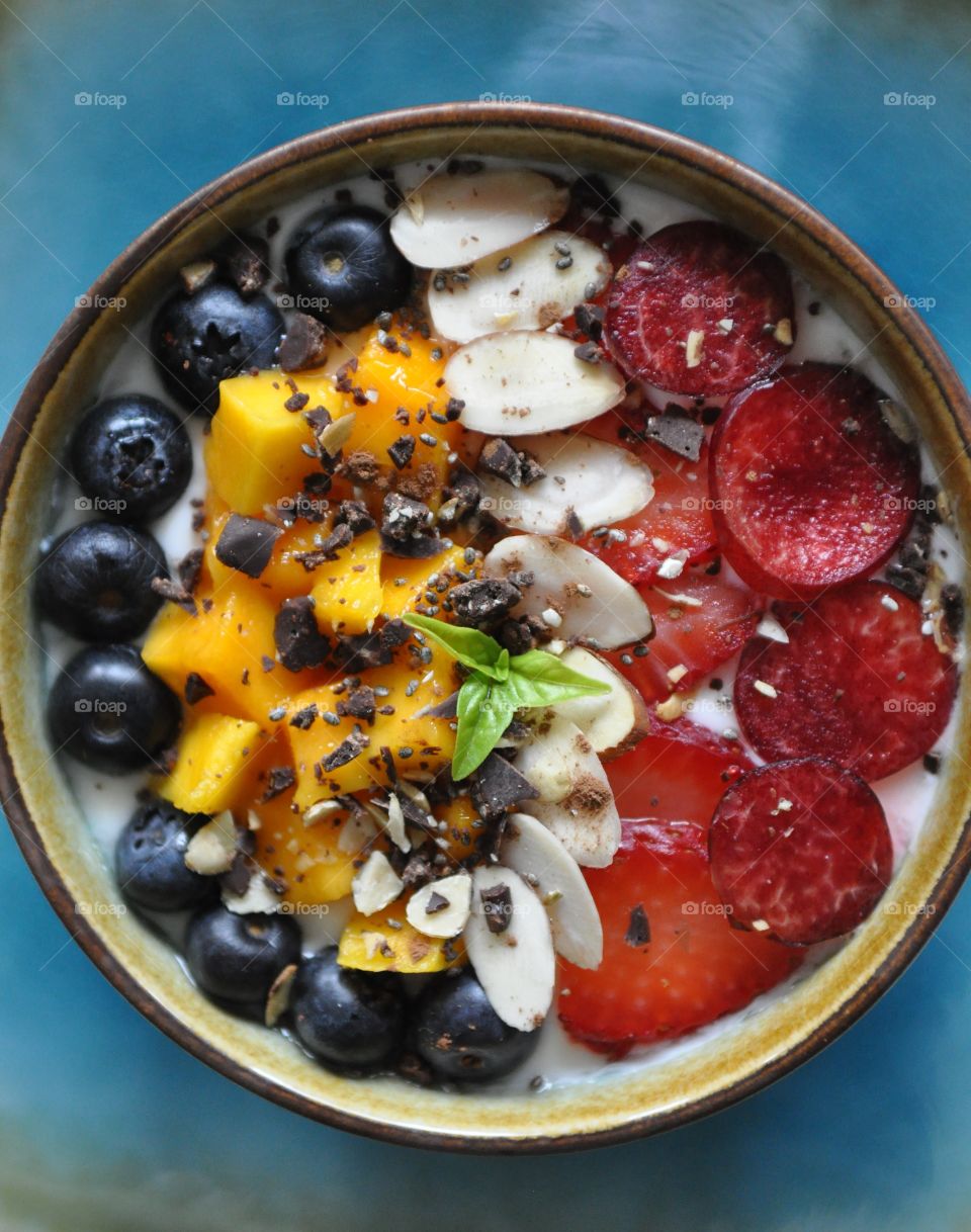 High angle view of fresh fruit smoothie