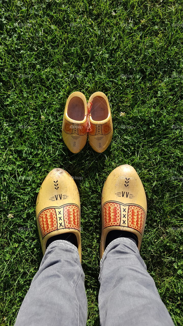 My first wooden shoes (clogs) on the grass