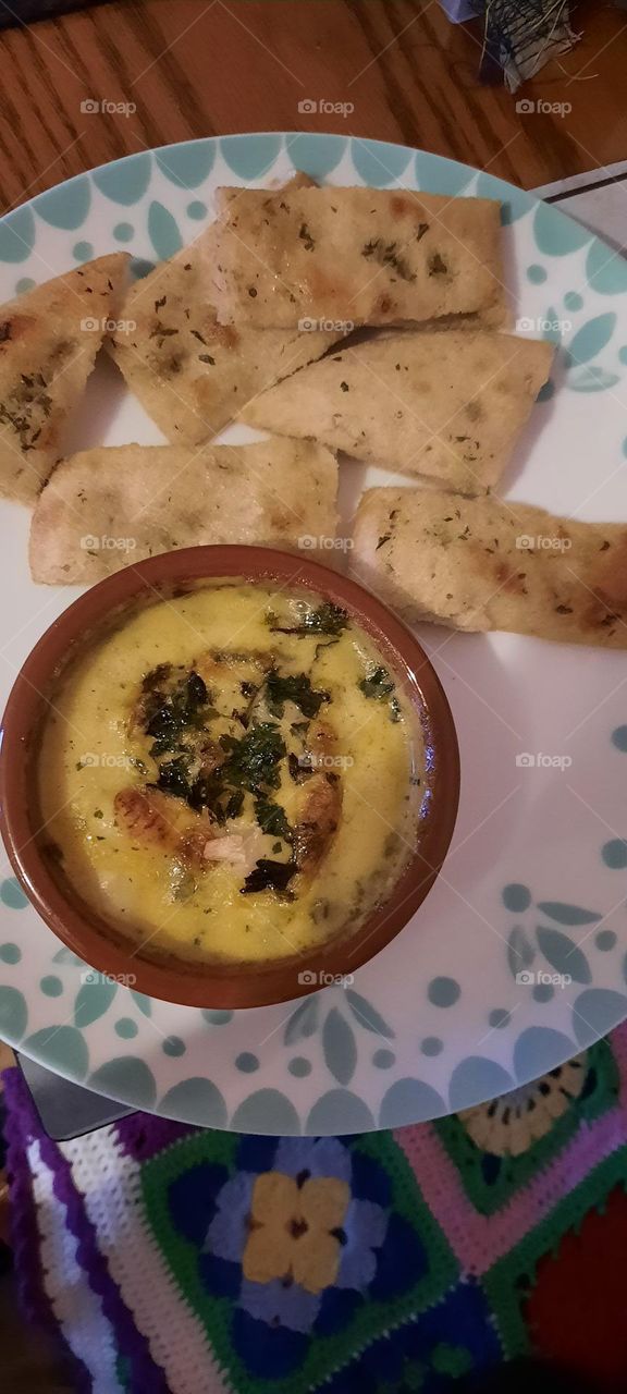 Delicious cheesy dip with focaccia