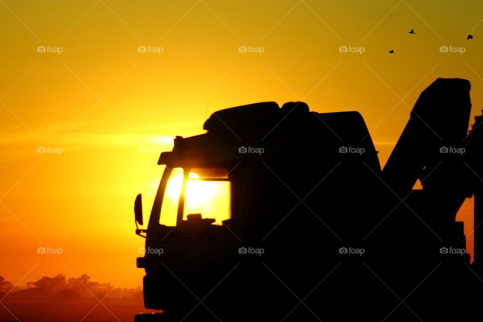 truck at sunset. driving at sunset With backlight