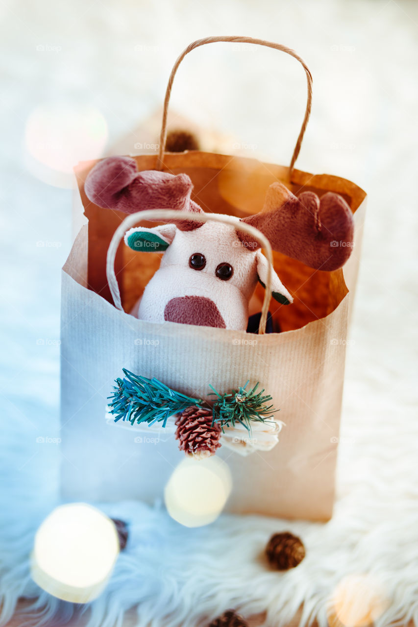 Reindeer toy in bag
