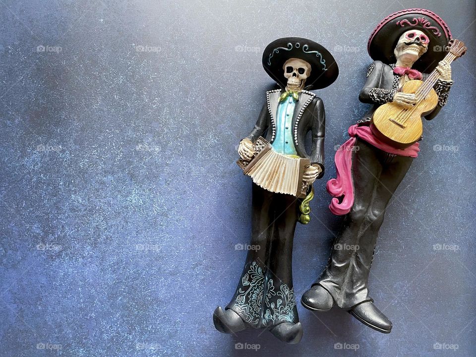 Day Of The Dead/Dia De Los Muertos/Dia De Muertos Flatlay Mariachis On A Grungy Textured Blue Background