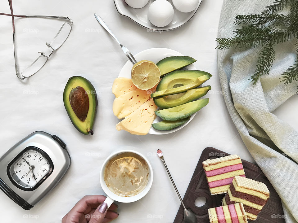 Colorful flat lay healthy breakfast