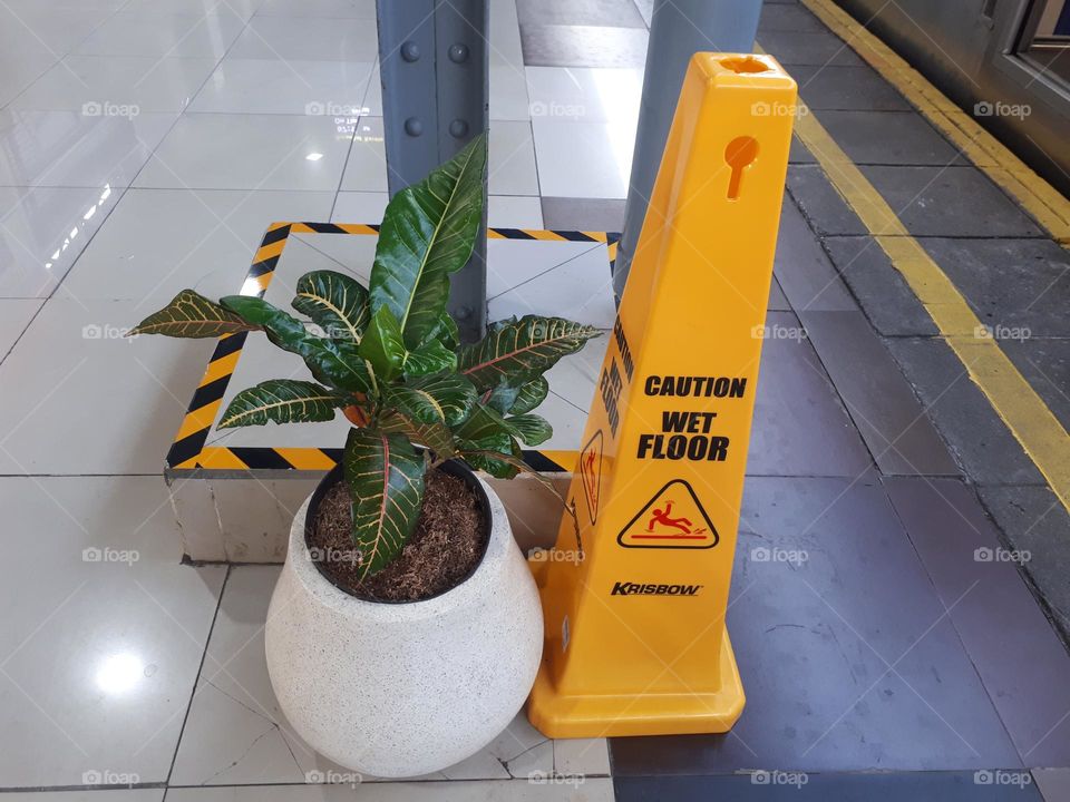 the interior of a train station is like potted flowers and warning signs