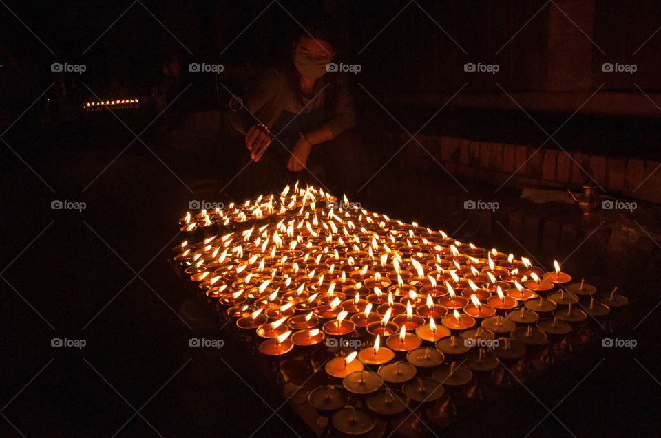 Butter lamps in Boudha, Nepal.