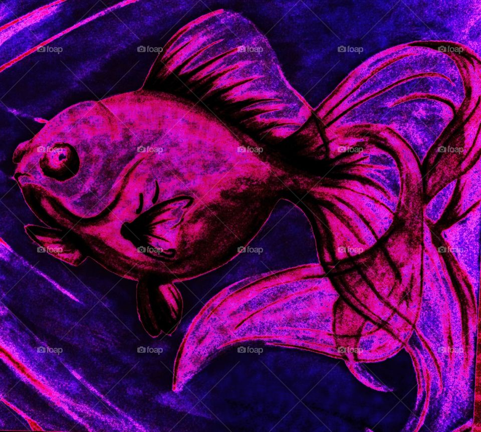 Digitally edited watercolor painting of a black moor goldfish 