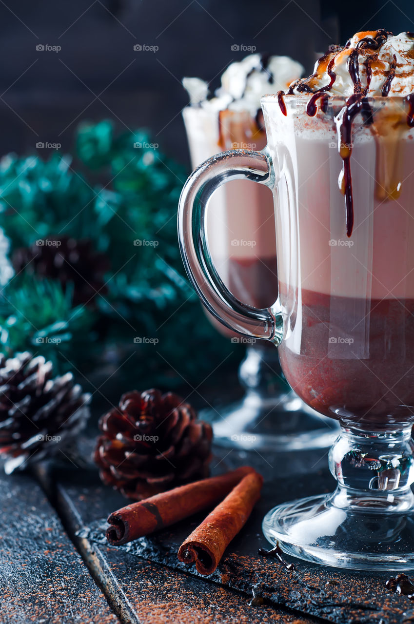 Hot cappuccino with pine cones