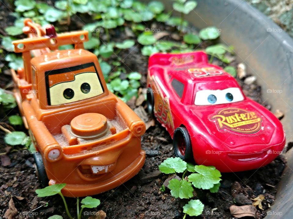 Mate and Lightning McQueen in the garden