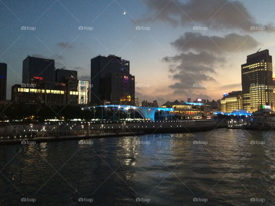 View of Shanghai at dusk from the Huangpu River