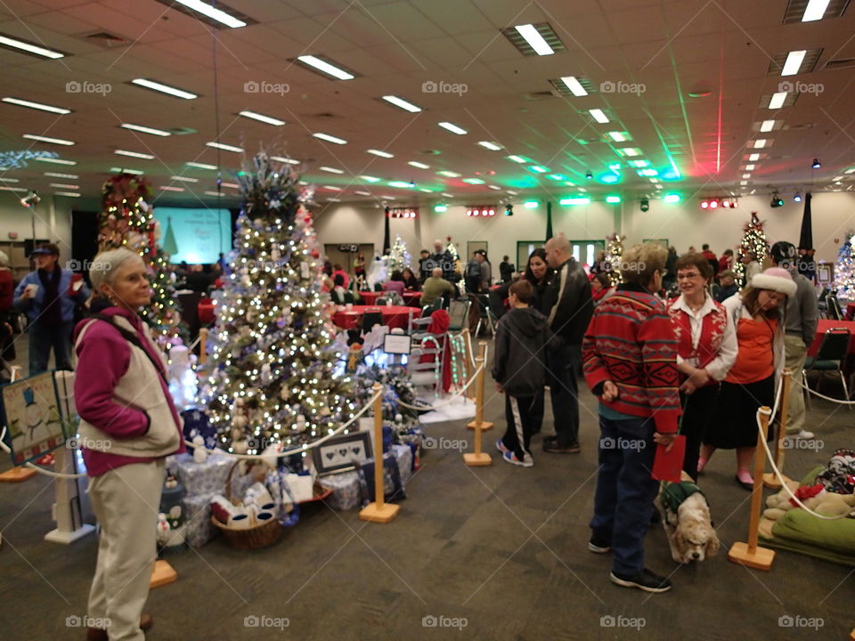 People enjoying some of the beautifully decorated Christmas trees at the annual Central Oregon Festival of Trees fundraising event during the holiday season.