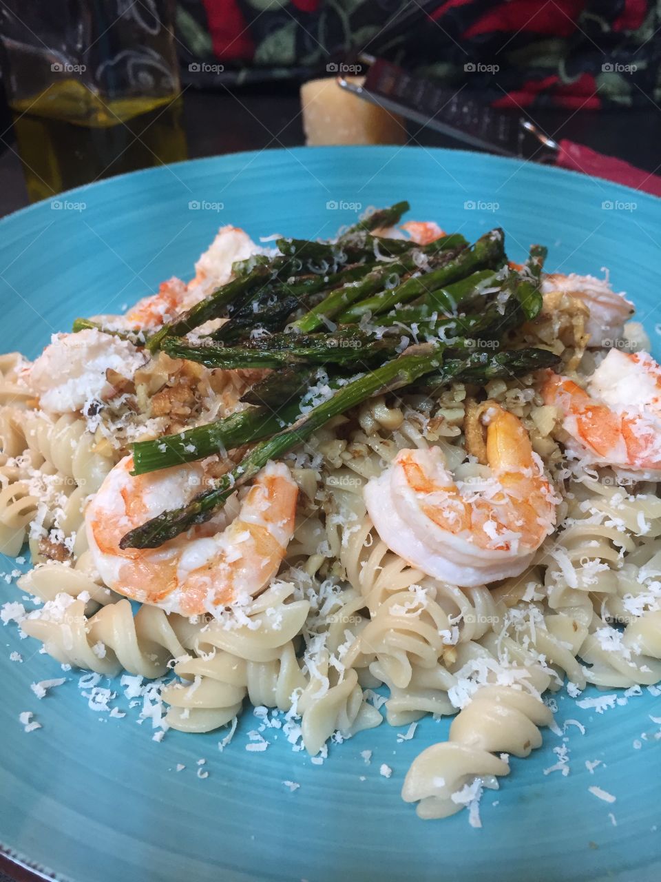 Seafood pasta with asparagus and Parmesan