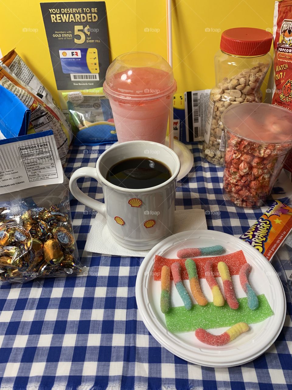 Shell Standout Snacks - The most inclusive Shell gas station that I know of. Complete with a Circle K Convenience Store and a Dominos Pizza. Superb service, clean and a variety of snacks such as sour worms, popcorn, Cheetos, coffee, and peanuts,