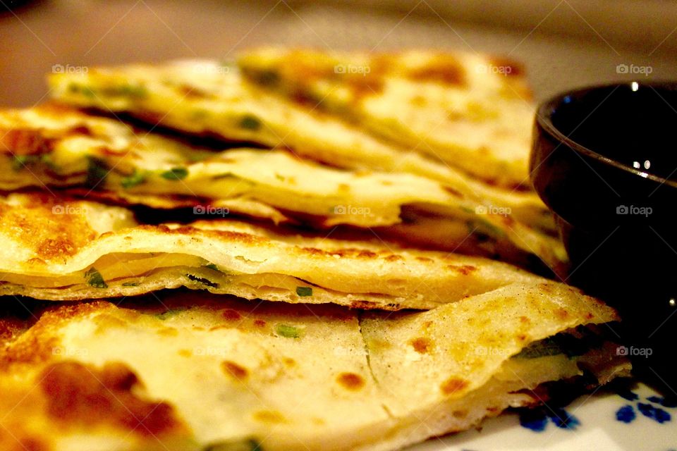 Close-up of delicious scallion pancake