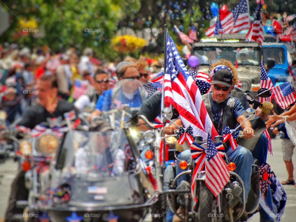 American Motorcycle Gang. American Motorcycle Gang In A Fourth Of July Parade
