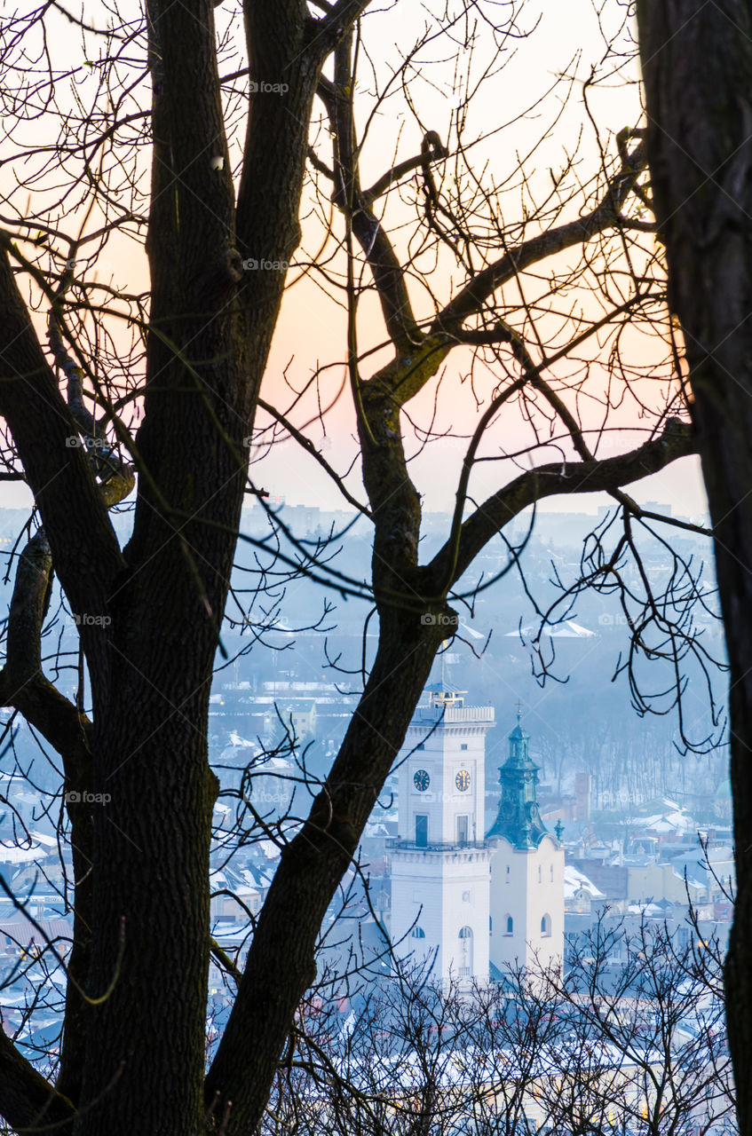 Lviv cityscape during the sunset