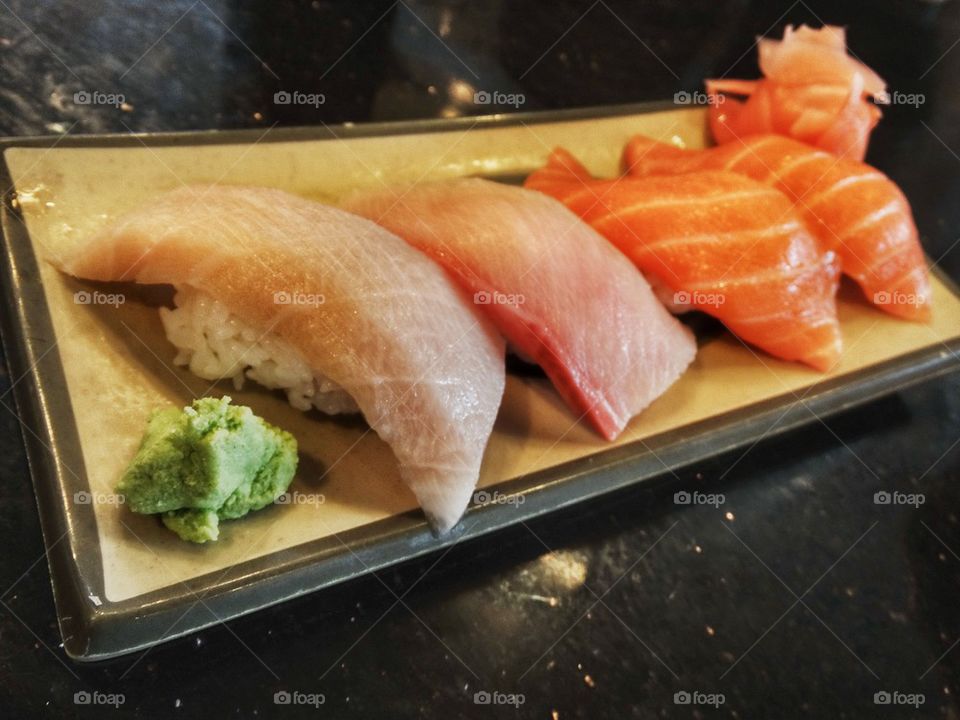 Fresh Sushi. Yellowfin Tuna And Salmon Sushi Nigiri
