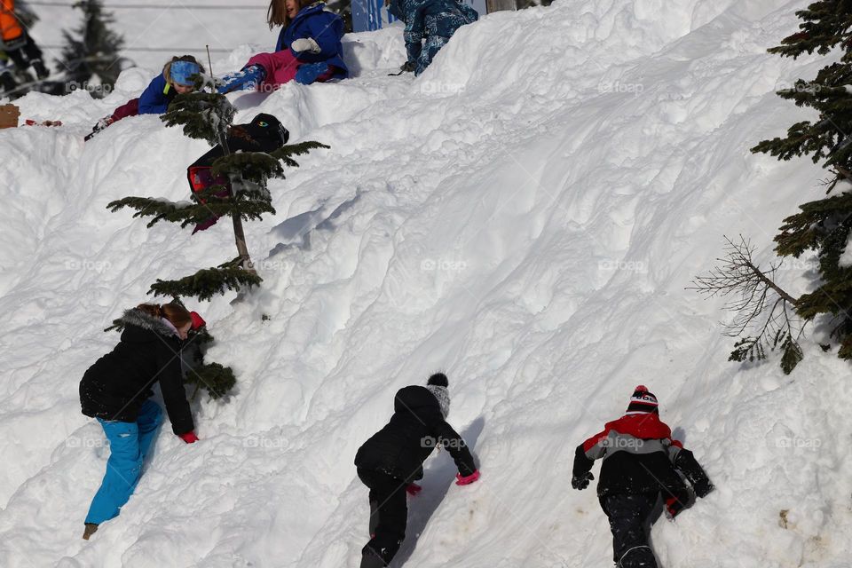 Kids climbing the snowy wall