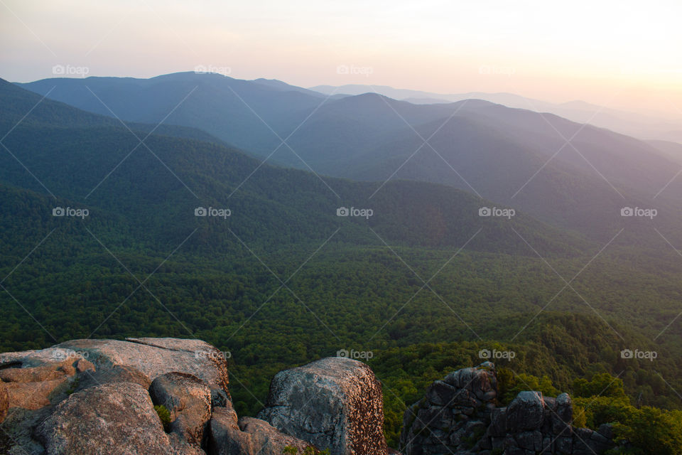 The Blue Ridge Mountains and Shenandoah National Park from the top of Old Rage Mountain, VA, at dawn. 