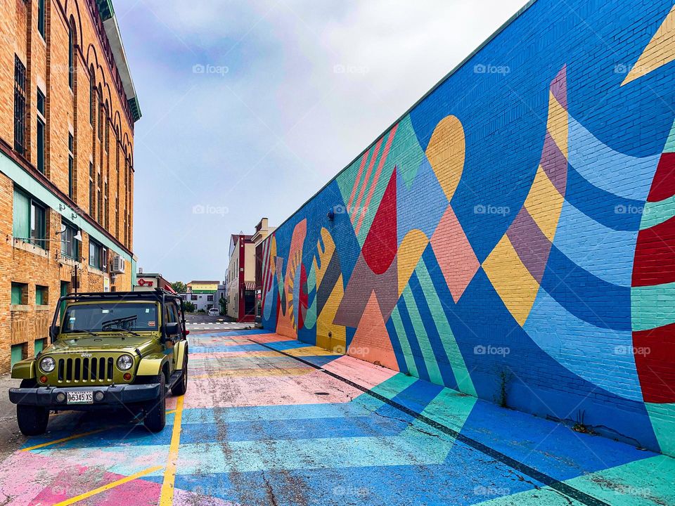 Street in Technicolor.  Painted mural on a side street.