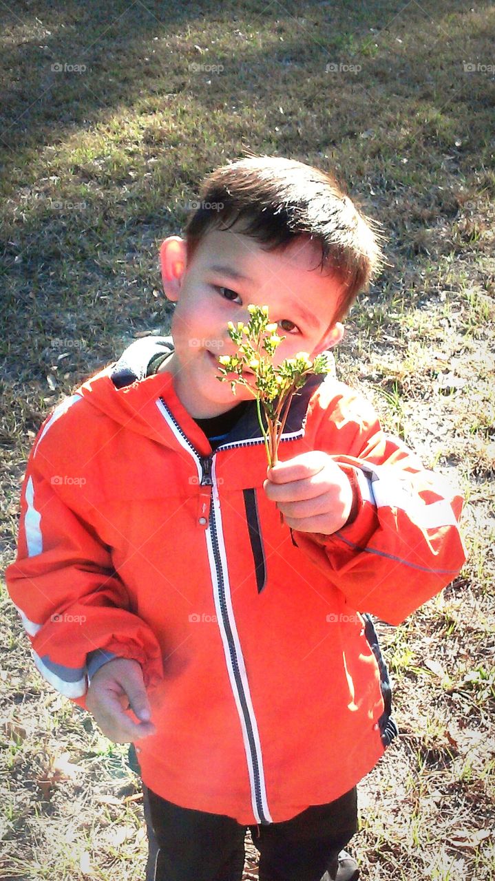 sweet boy giving flowers