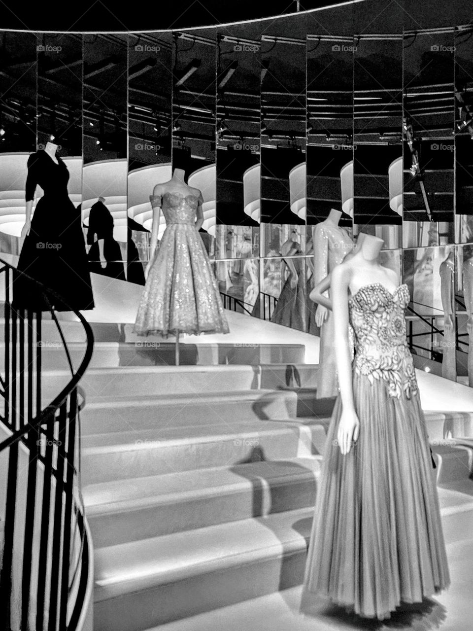 Black and white image of a display at the Gabrielle (Coco) Chanel exhibition at The Victoria and Albert Museum, South Kensington, London